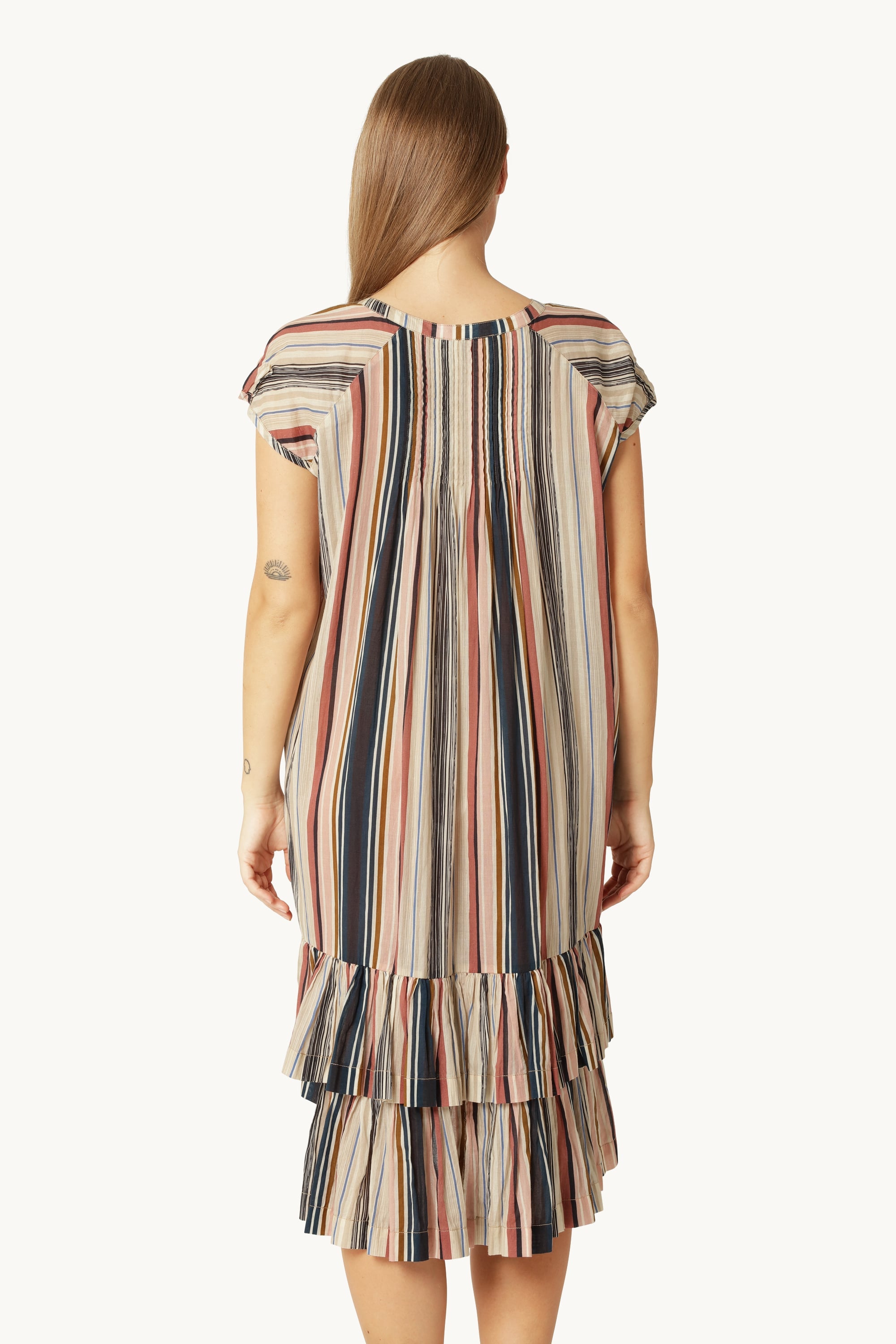 Lang Kjole med Korte Ærmer Pintuck - Beige Organic Stripe