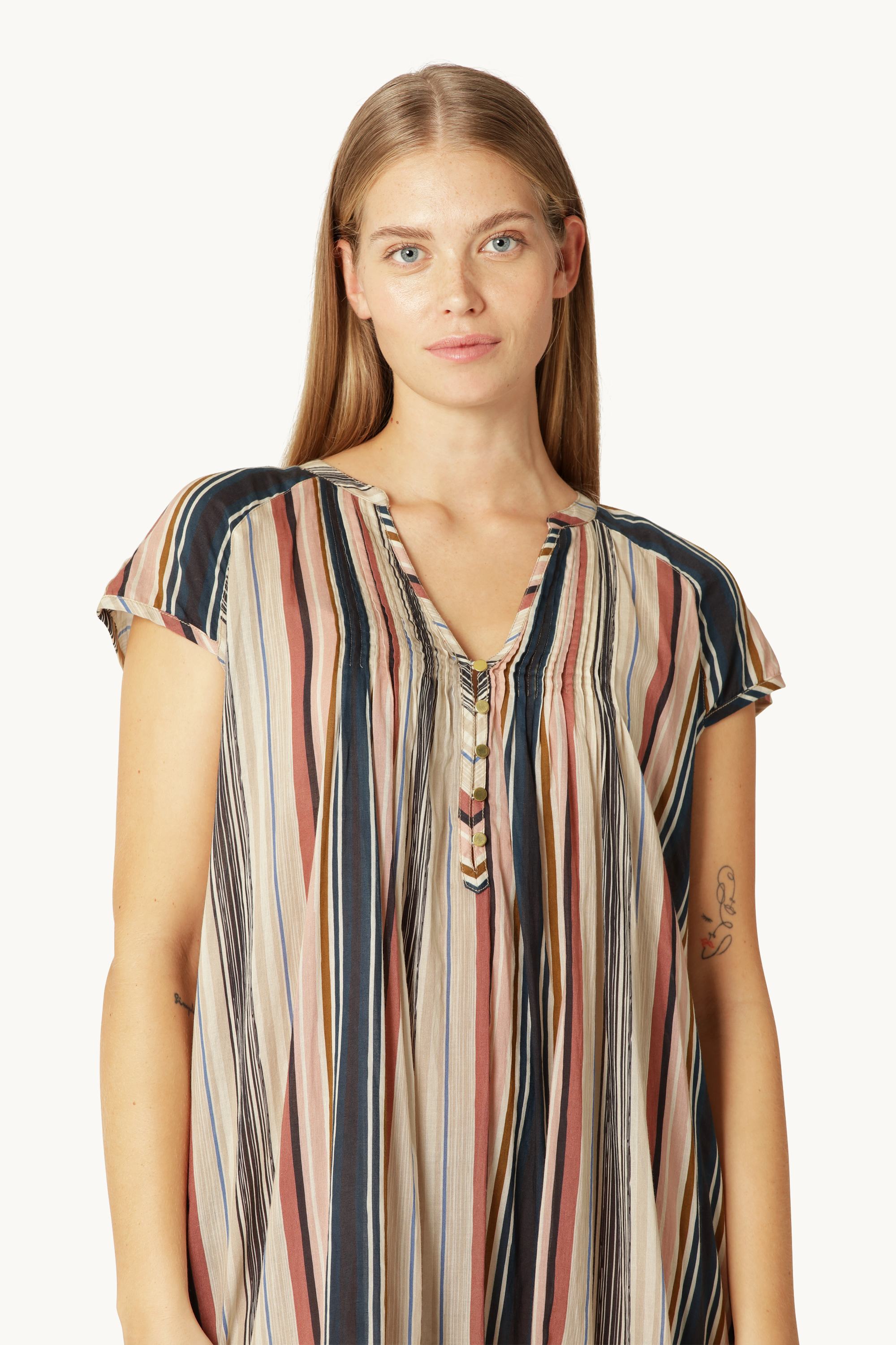 Lang Kjole med Korte Ærmer Pintuck - Beige Organic Stripe