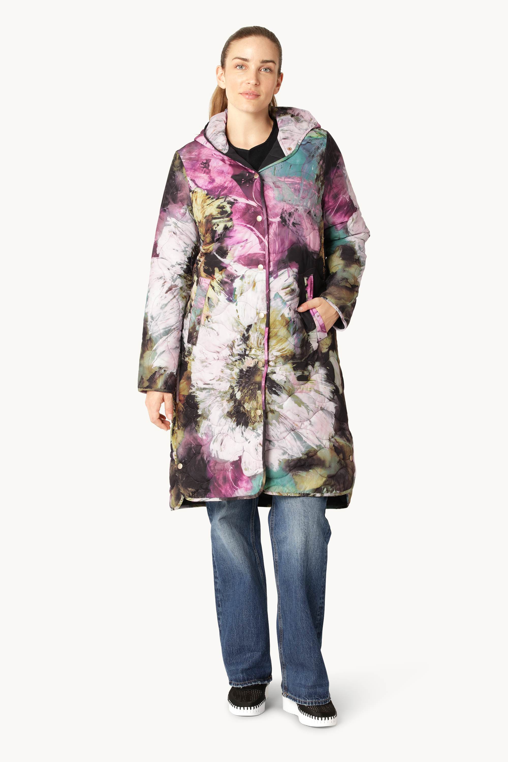 Lang Quiltet Frakke - Artistic Flower Print