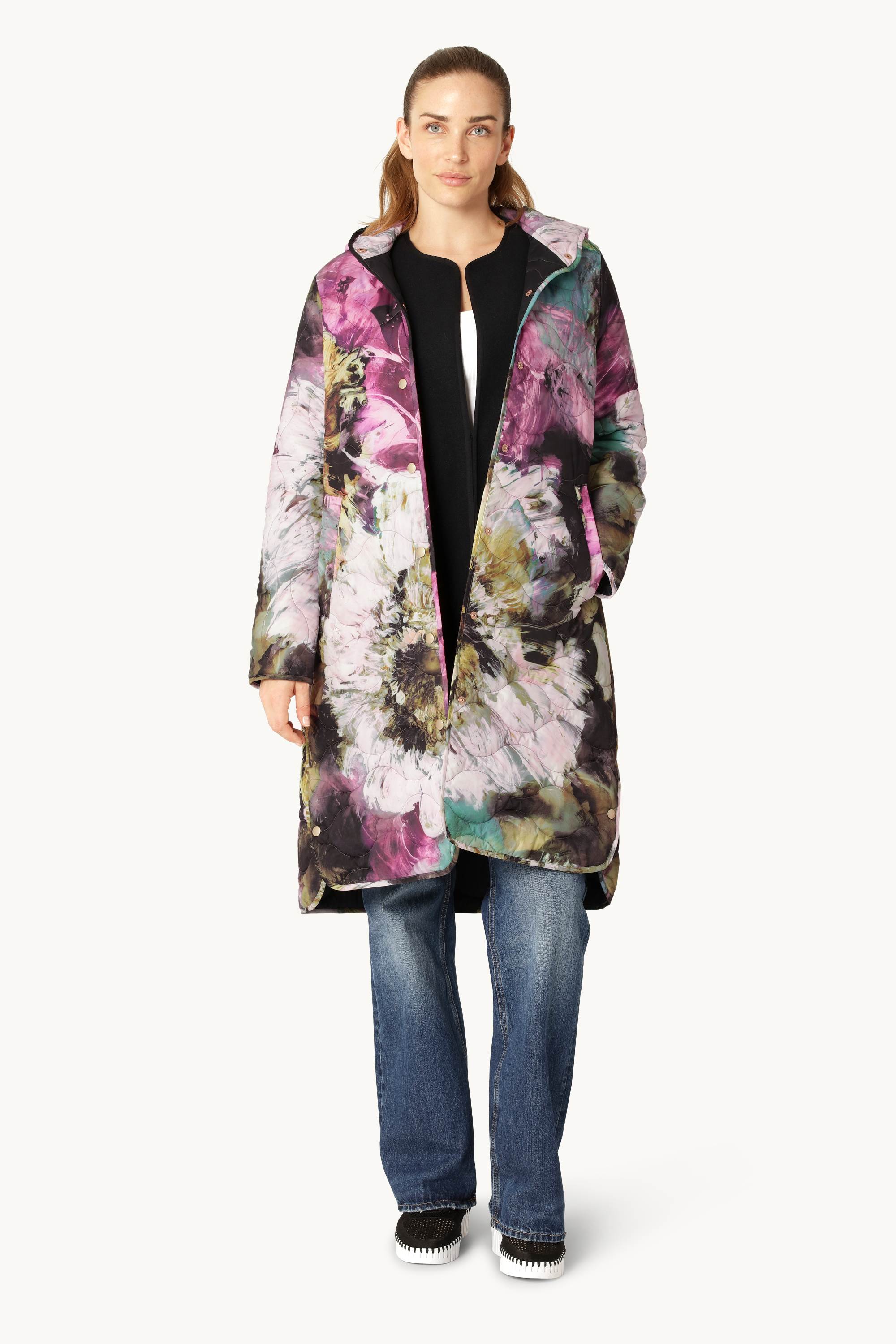 Lang Quiltet Frakke - Artistic Flower Print