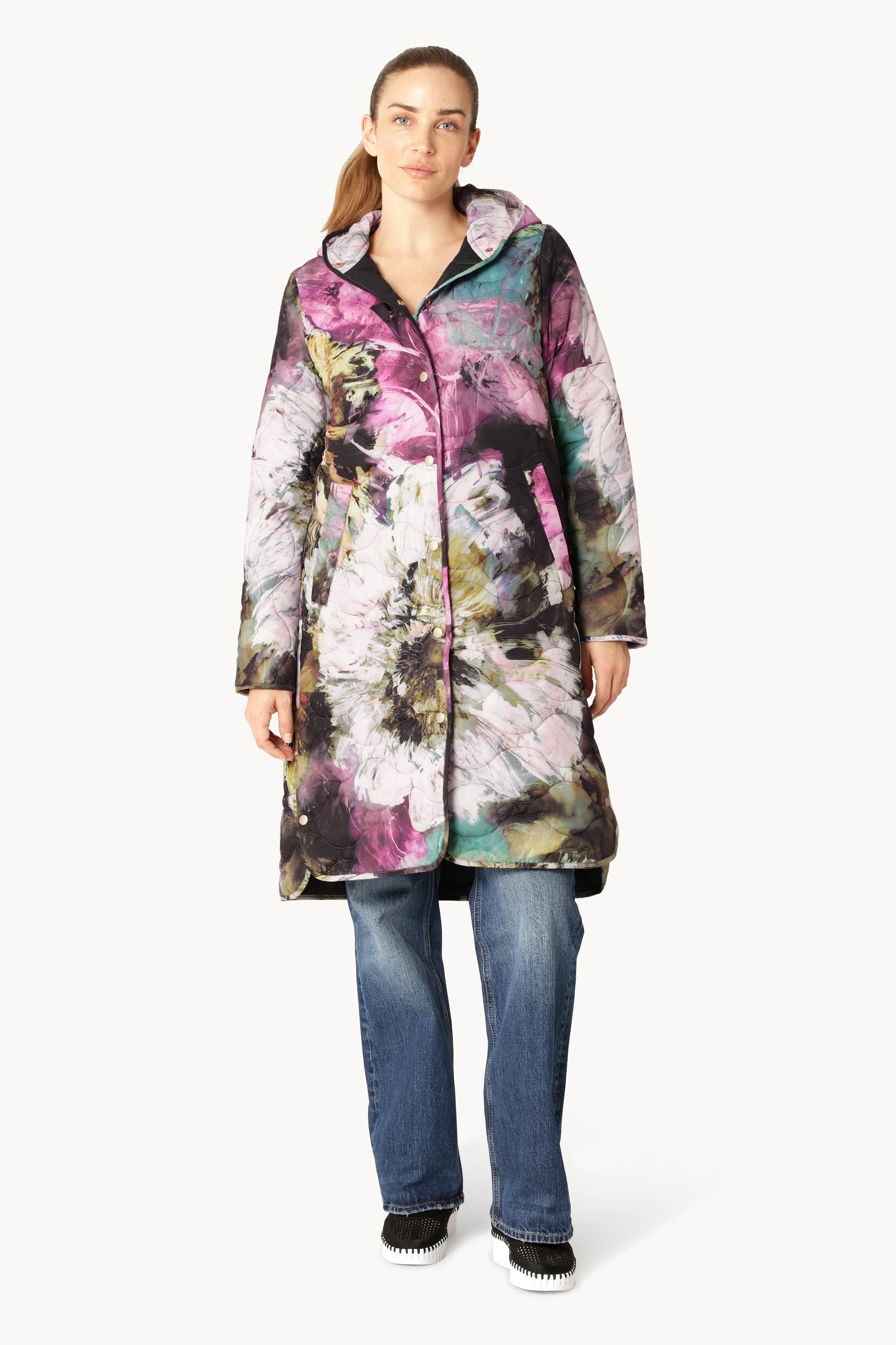 Lang Quiltet Frakke - Artistic Flower Print