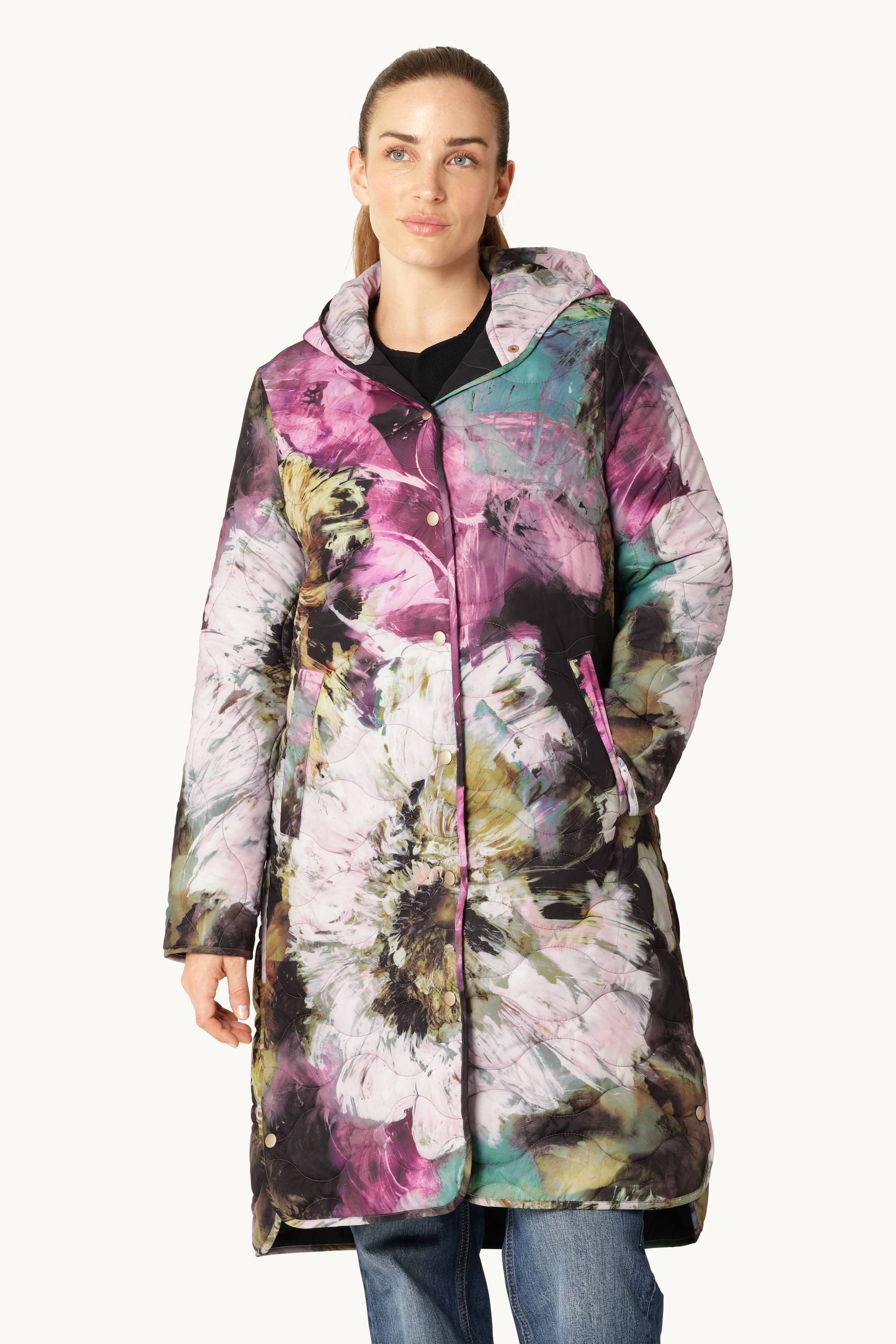 Lang Quiltet Frakke - Artistic Flower Print