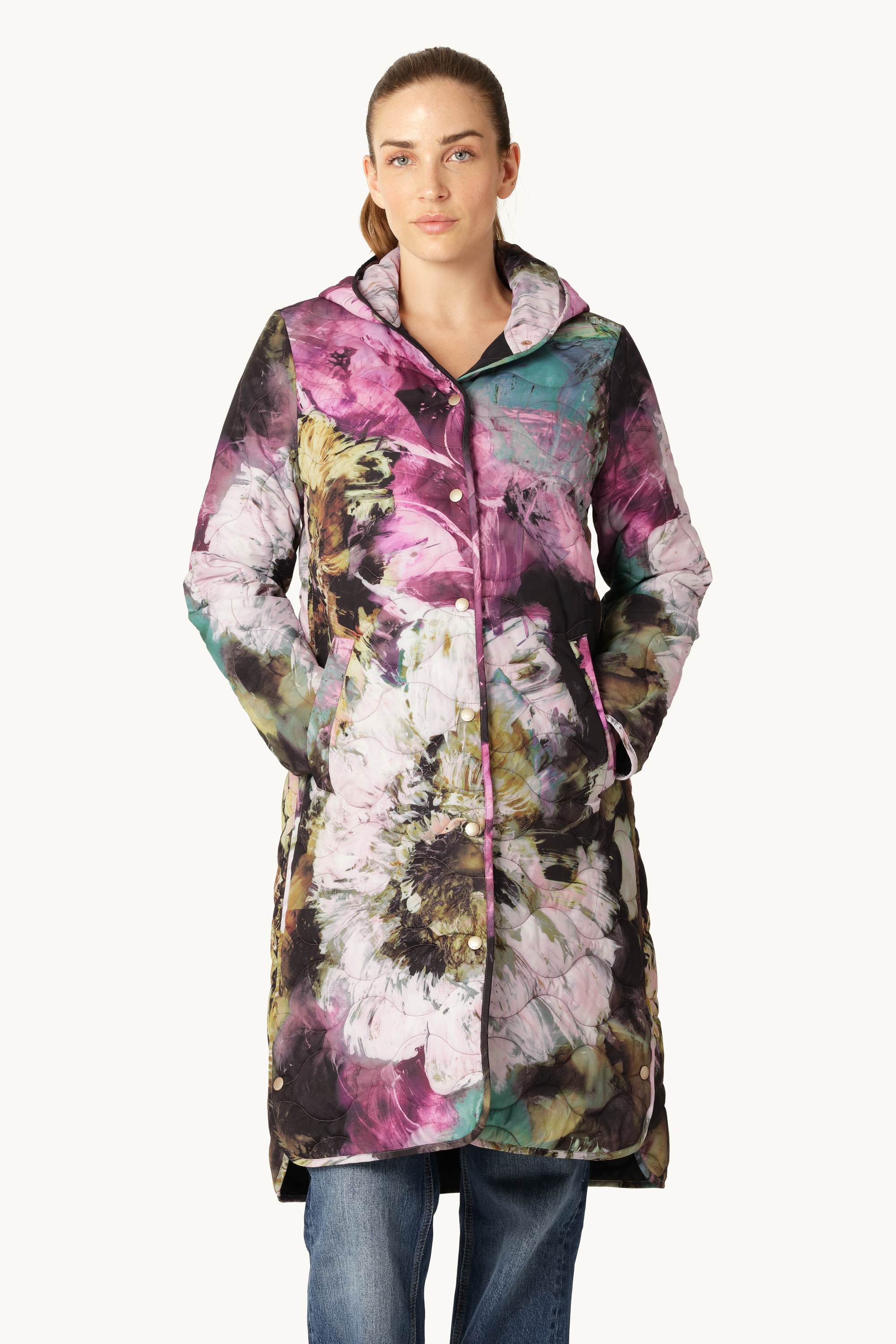 Lang Quiltet Frakke - Artistic Flower Print