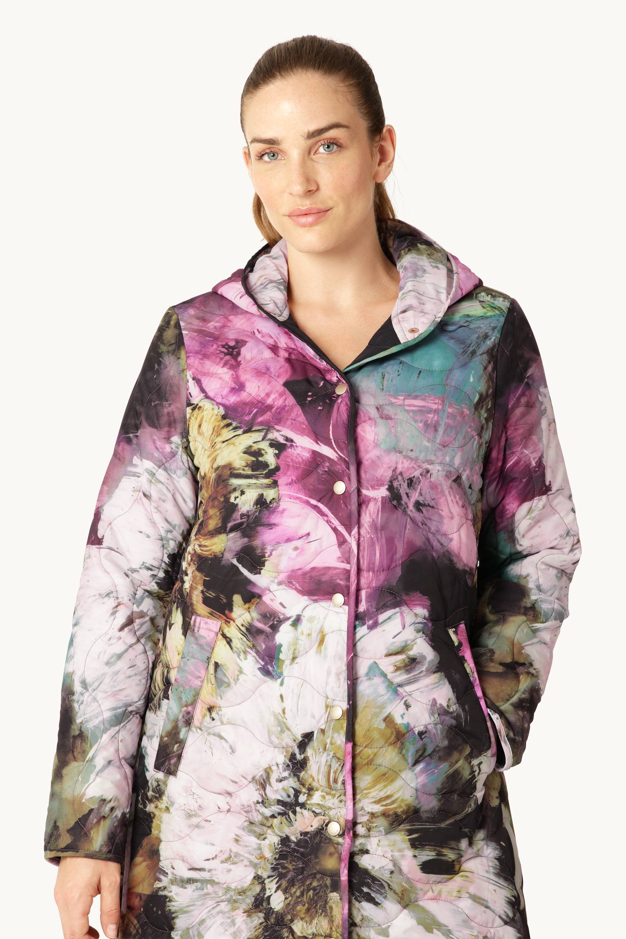 Lang Quiltet Frakke - Artistic Flower Print