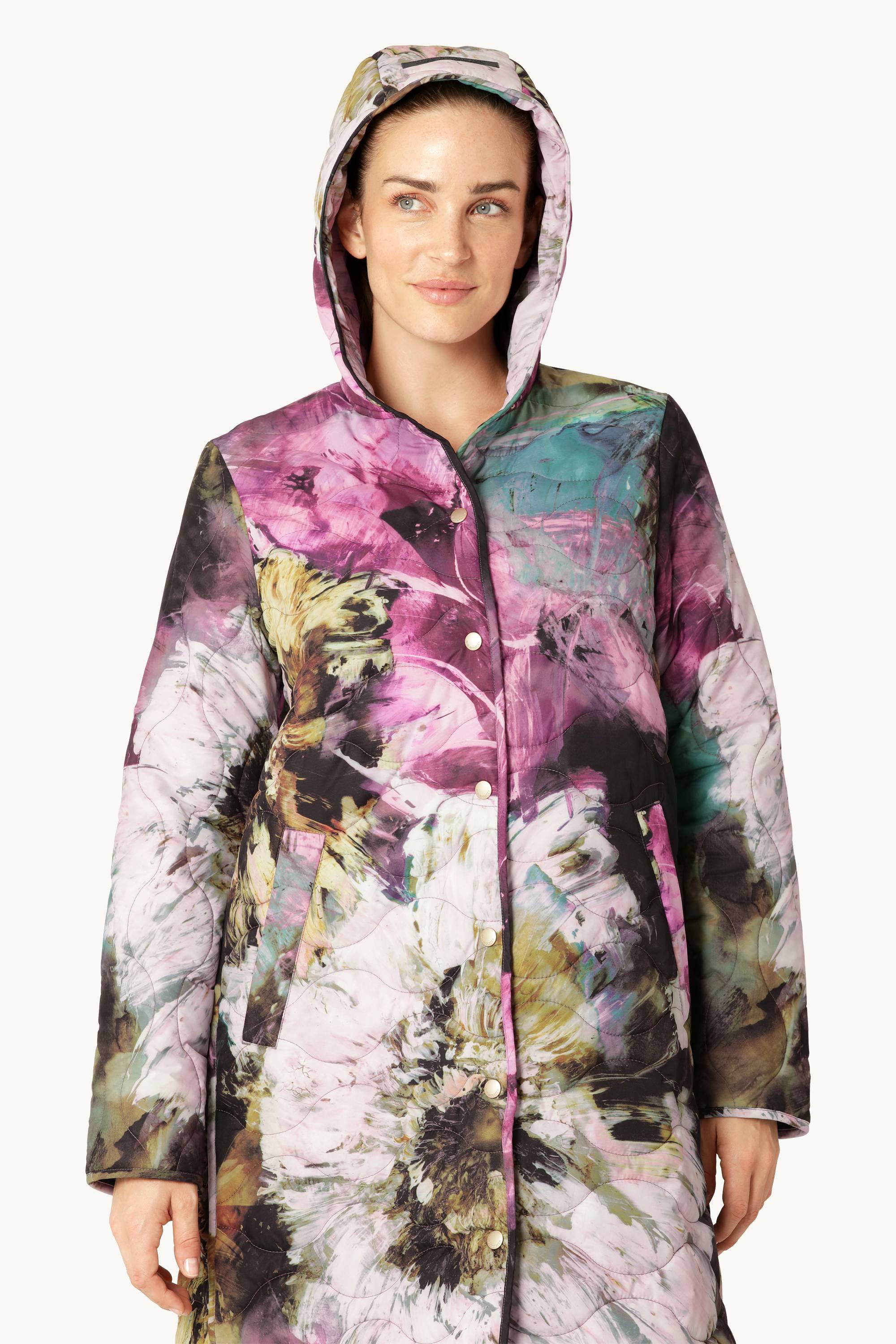 Lang Quiltet Frakke - Artistic Flower Print