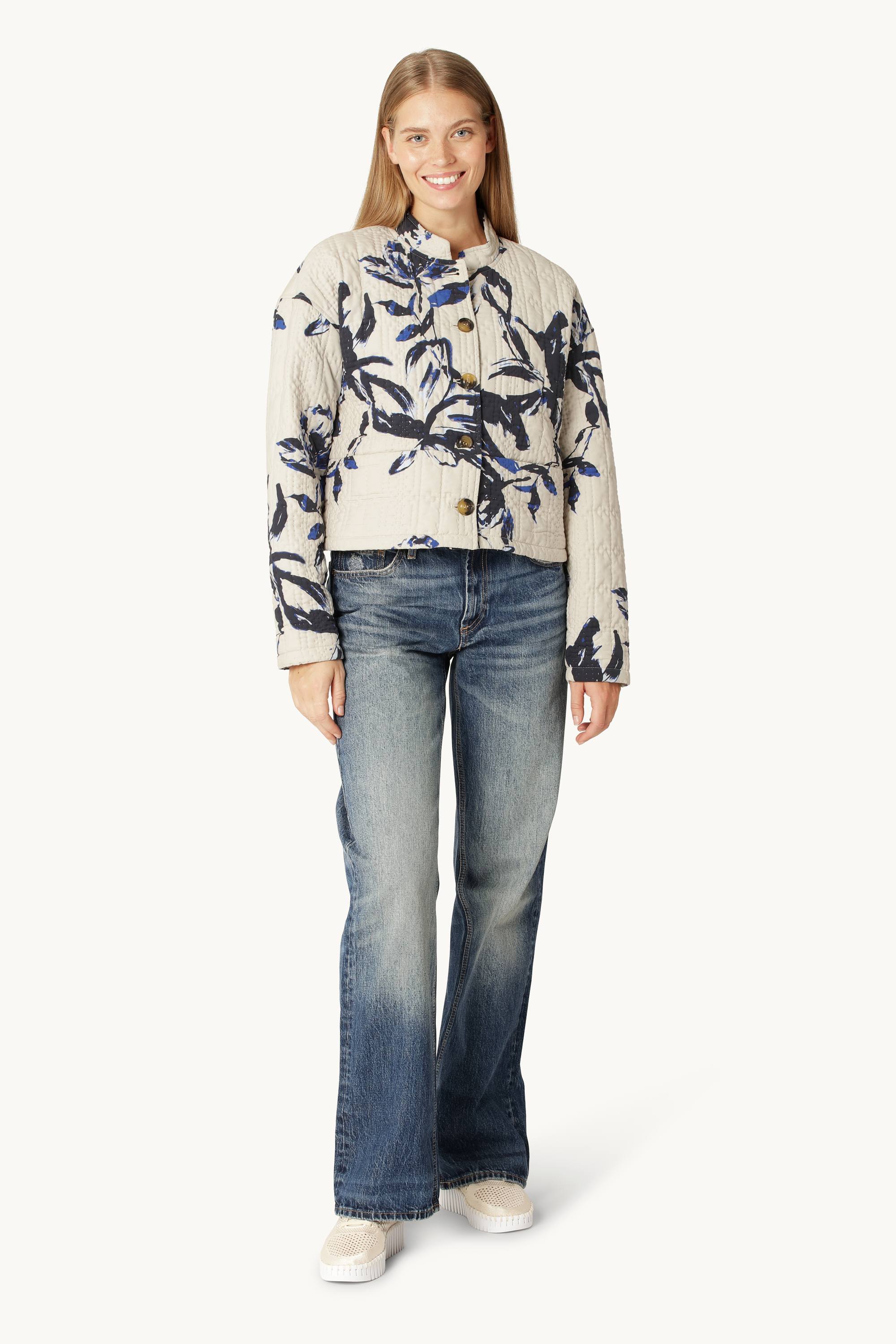 Kort Quiltet Jakke - Beige Artsy Stroke Flower