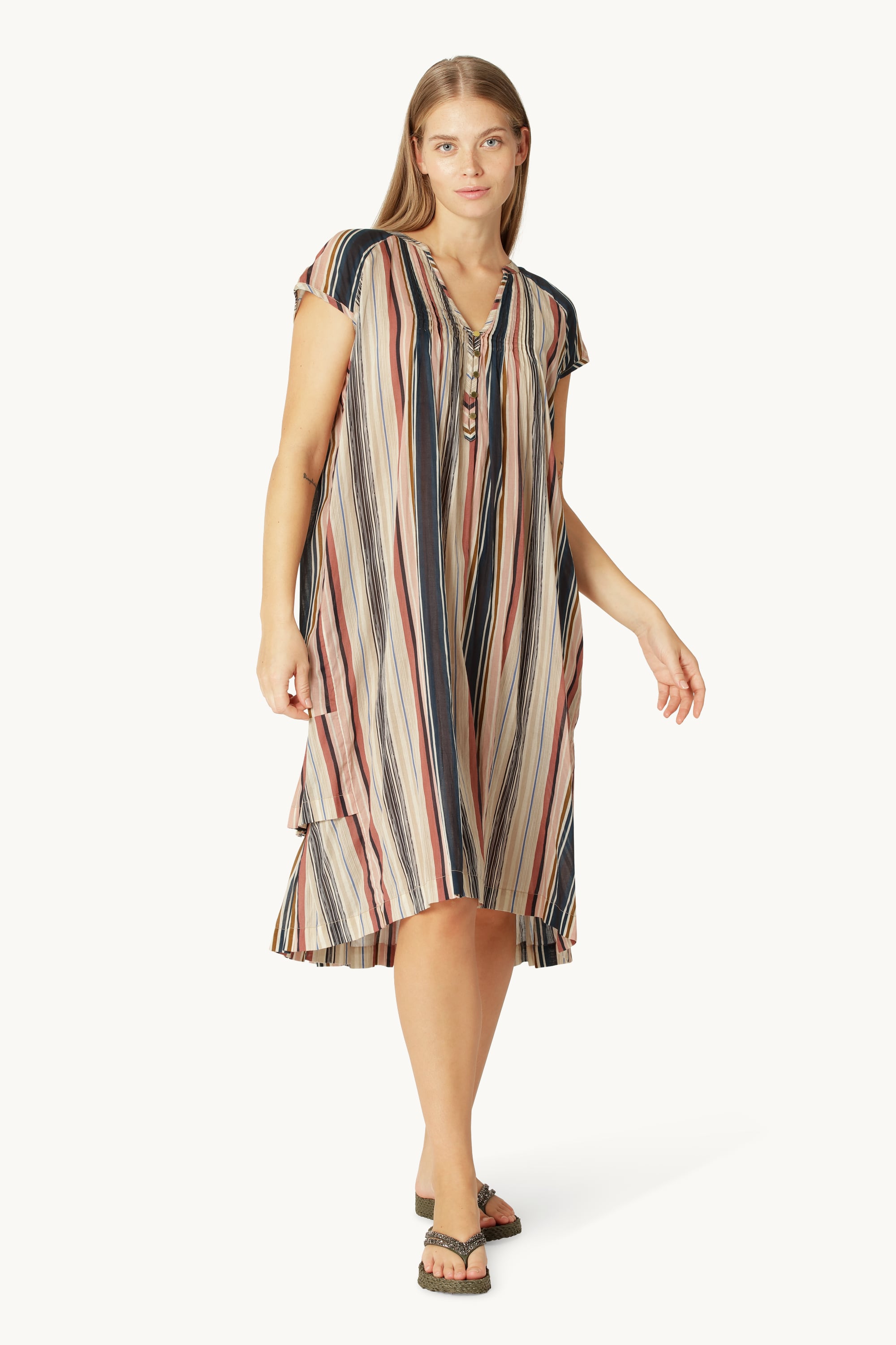 Lang Kjole med Korte Ærmer Pintuck - Beige Organic Stripe