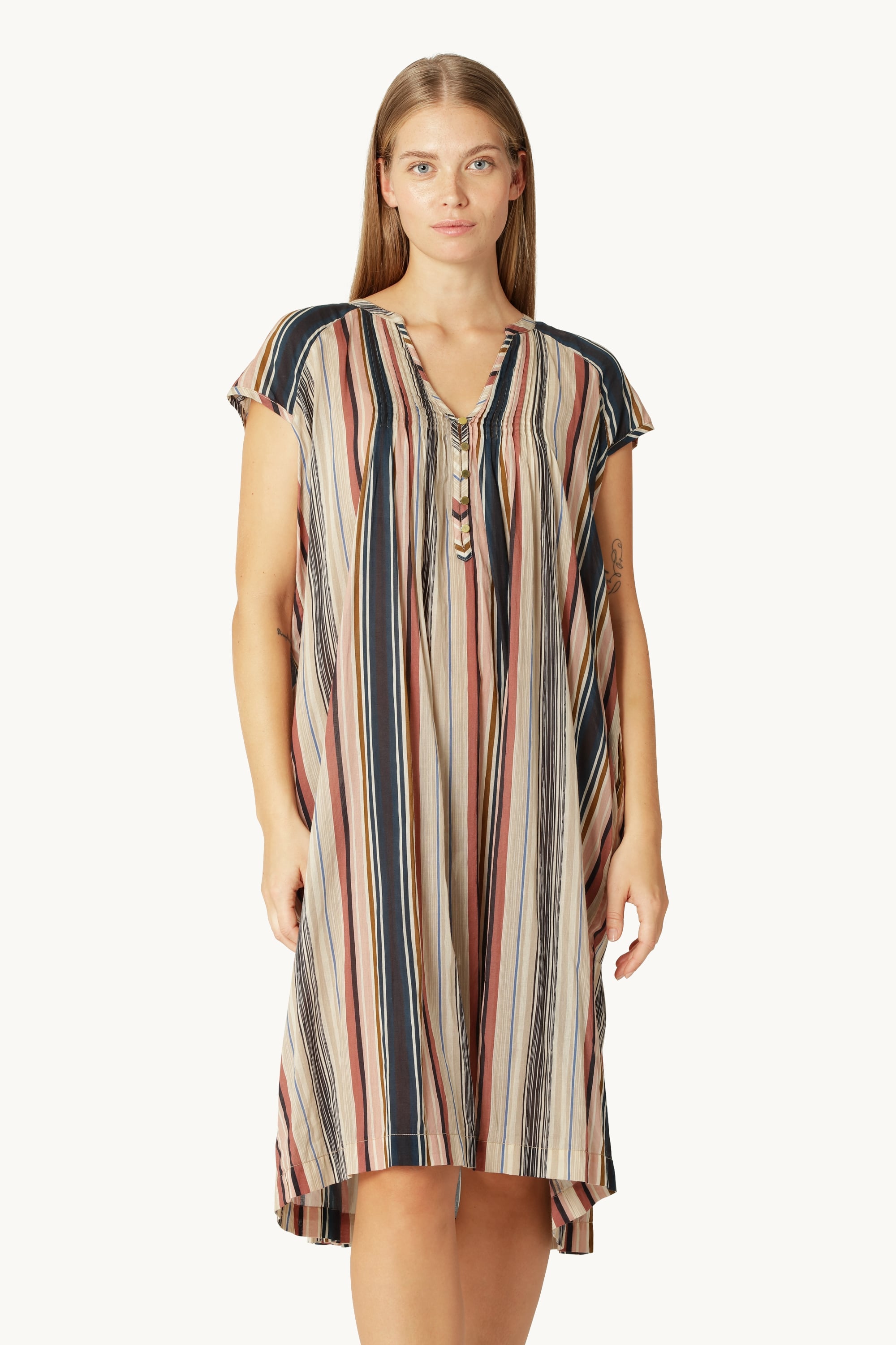 Lang Kjole med Korte Ærmer Pintuck - Beige Organic Stripe