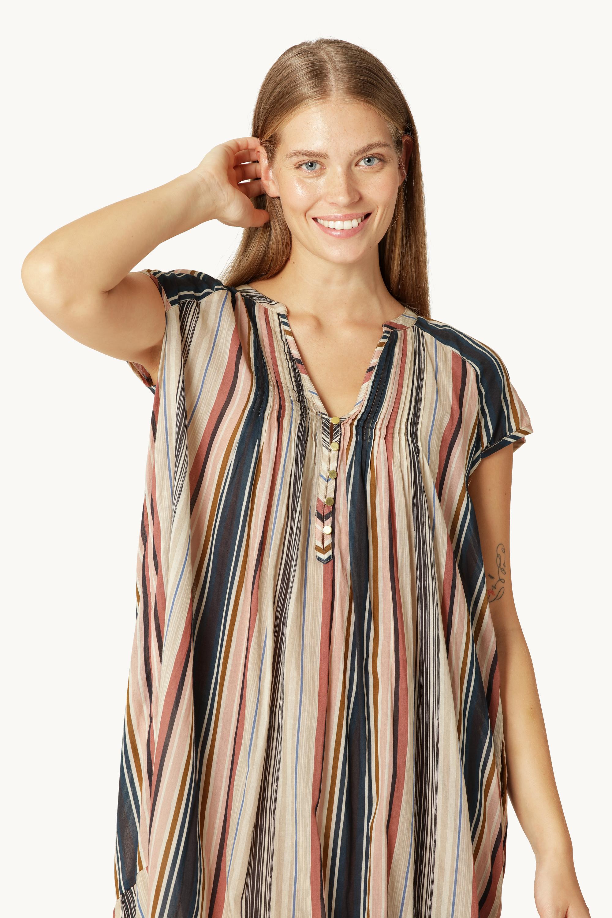 Lang Kjole med Korte Ærmer Pintuck - Beige Organic Stripe