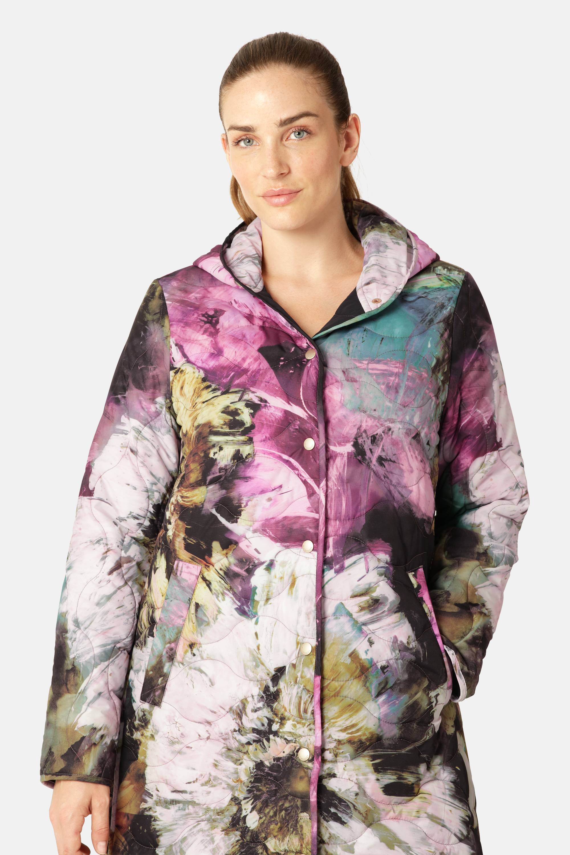 Lang Quiltet Frakke - Artistic Flower Print