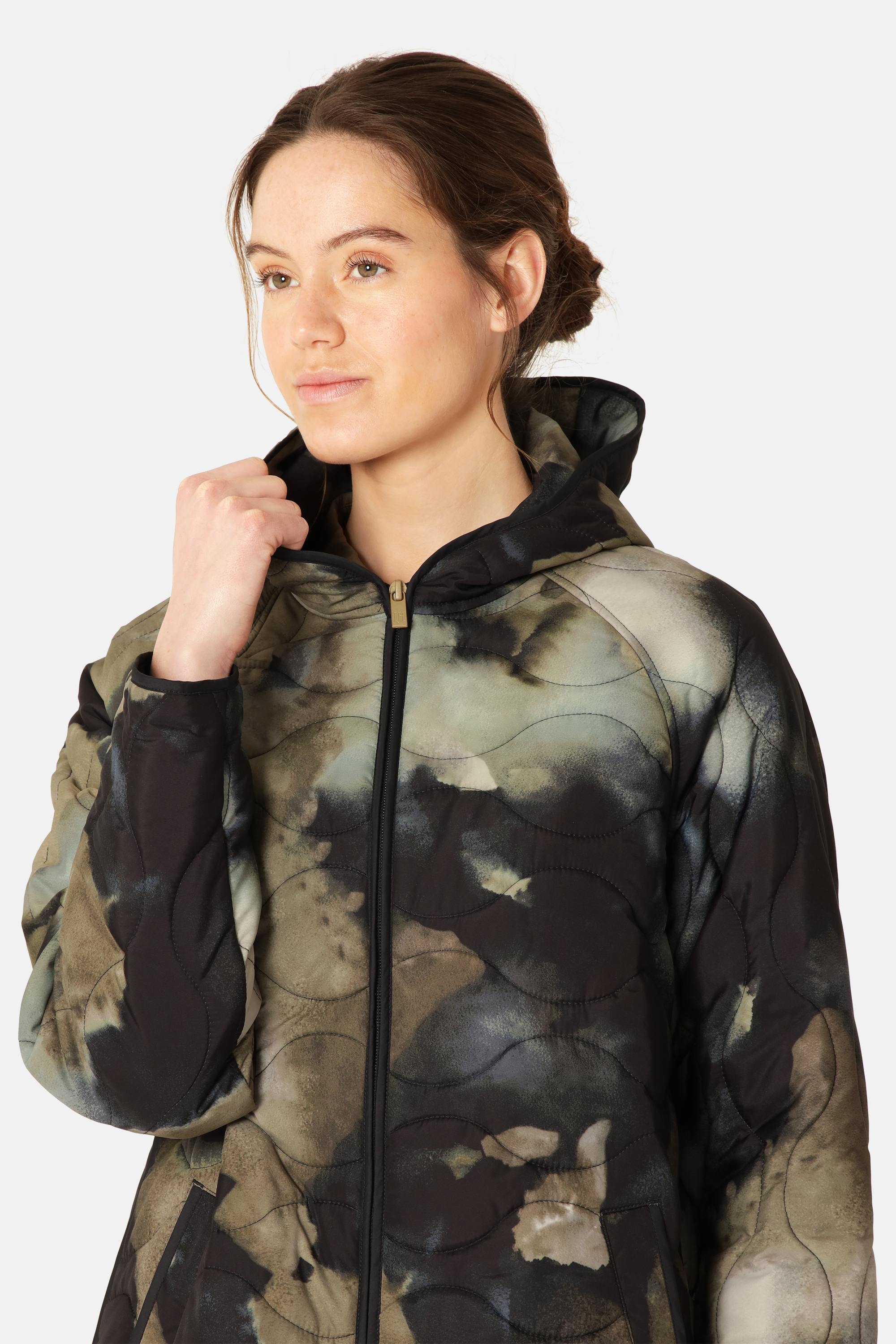 Long Quilt Jacket with Hood - Moss Print