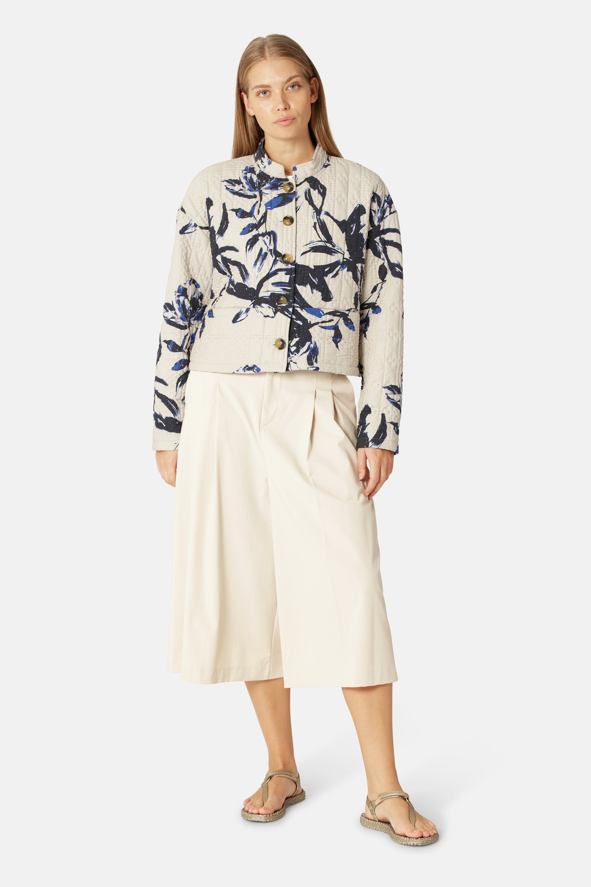 Kort Quiltet Jakke - Beige Artsy Stroke Flower