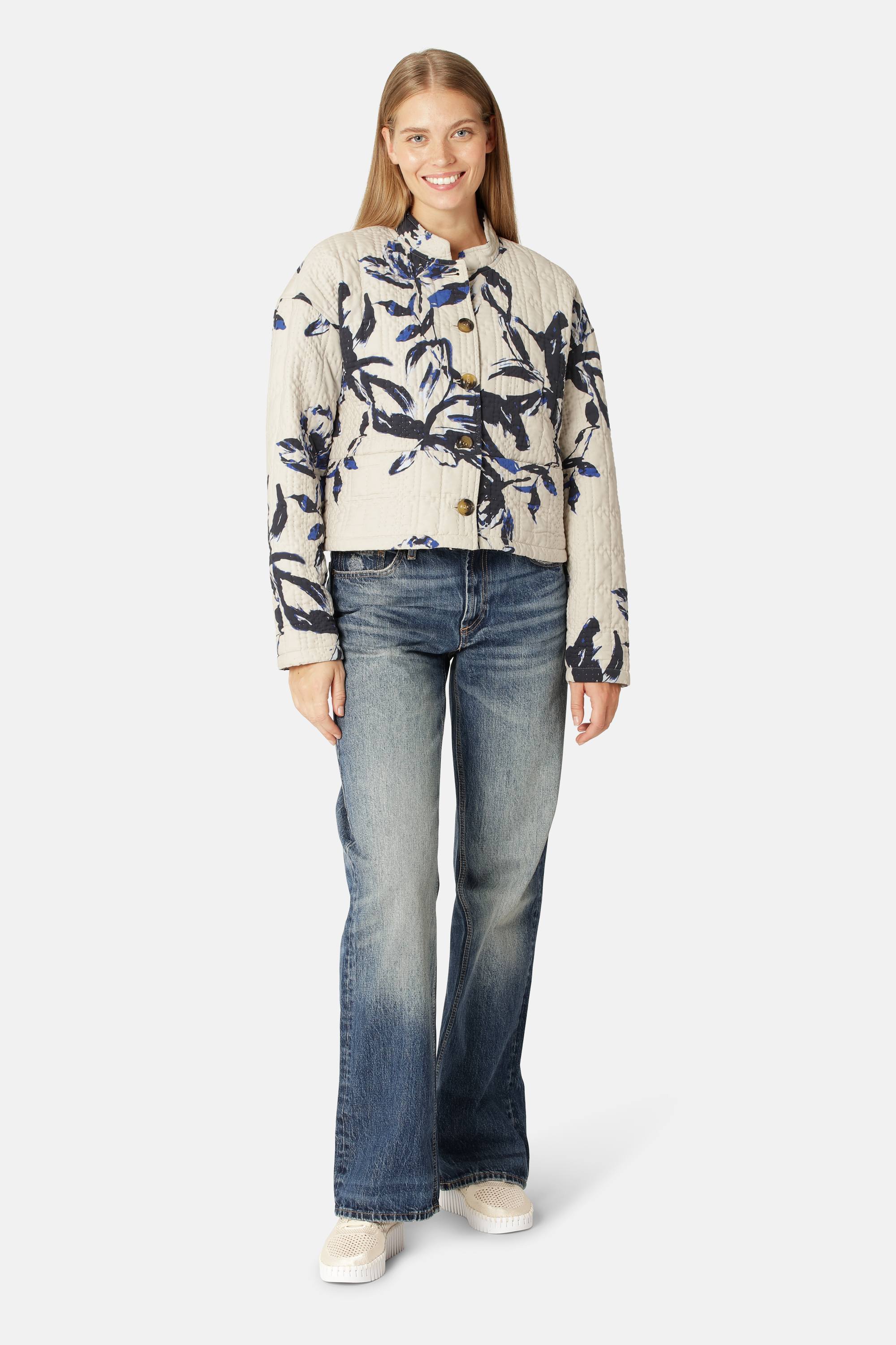 Kort Quiltet Jakke - Beige Artsy Stroke Flower