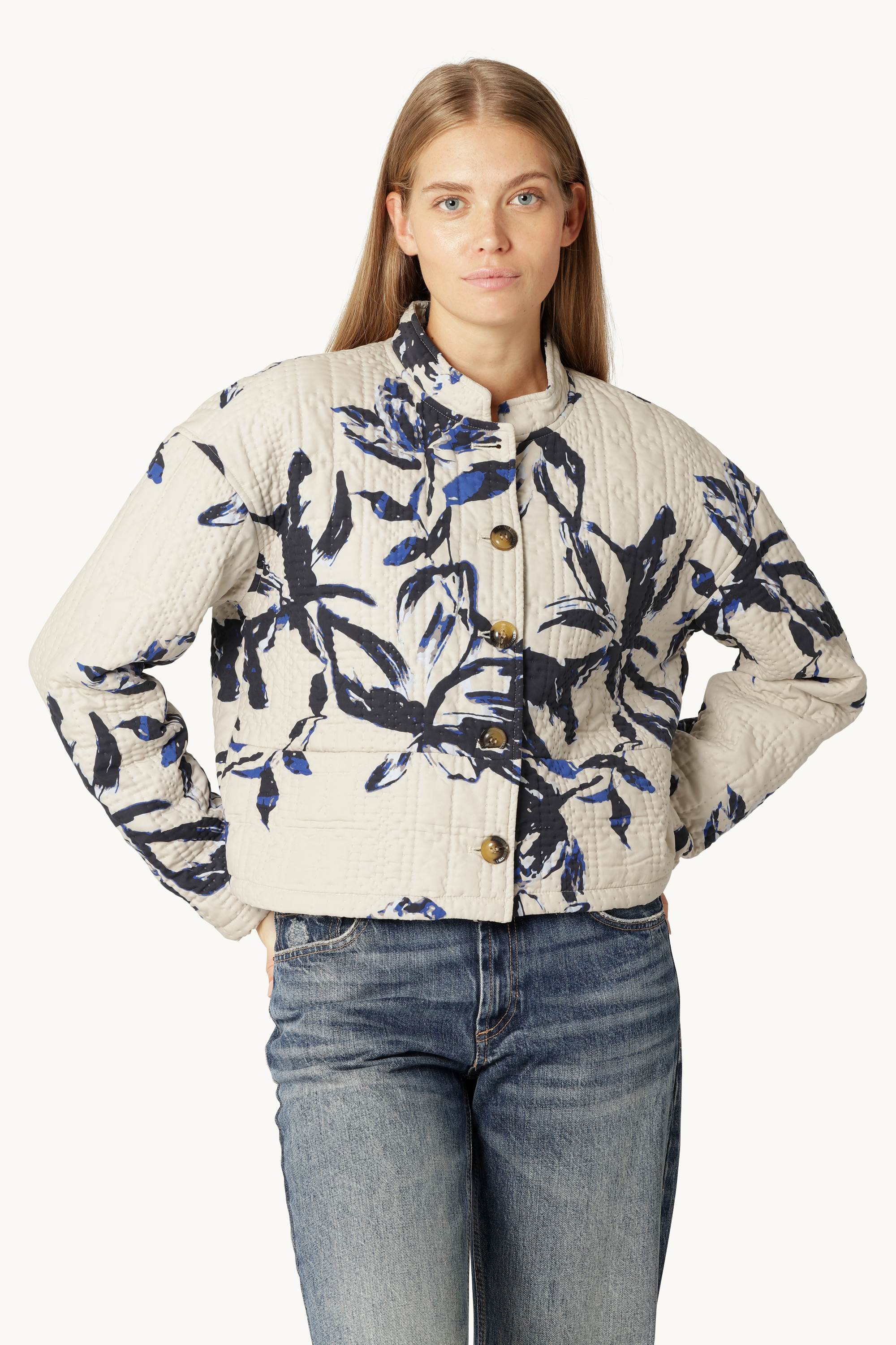 Kort Quiltet Jakke - Beige Artsy Stroke Flower